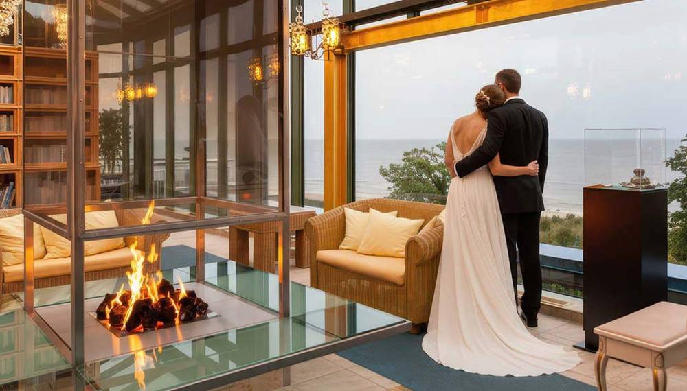 Brautpaar genießt den Ostseeausblick im Wintergarten des Hotel Kaiserhof Heringsdorf.