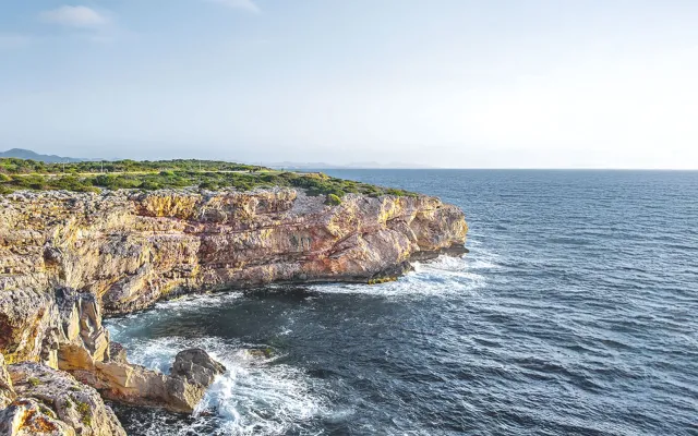 Küstenlandschaft auf Mallorca mit steilen Felsen und ruhigem Meer, umgeben von üppiger Natur.