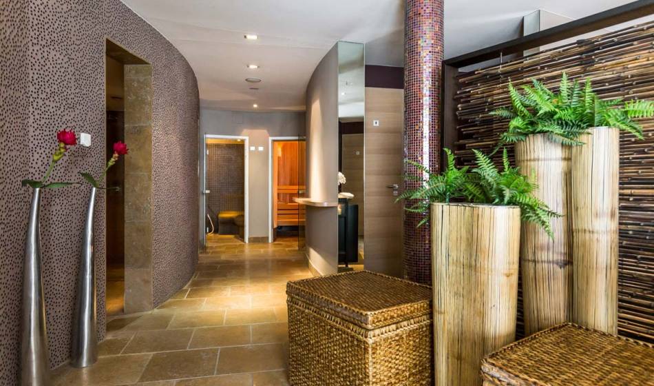 Stylish wellness area with sauna and natural decorations in the Hotel Seezeichen for relaxing breaks on the Baltic Sea.