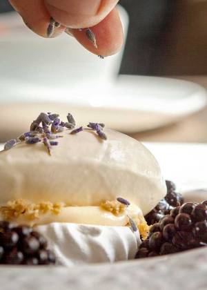 Porträt eines feinen Nachtischs mit Beeren und knusprigen Elementen im Restaurant Anna des Hotel Elephant Weimar.
