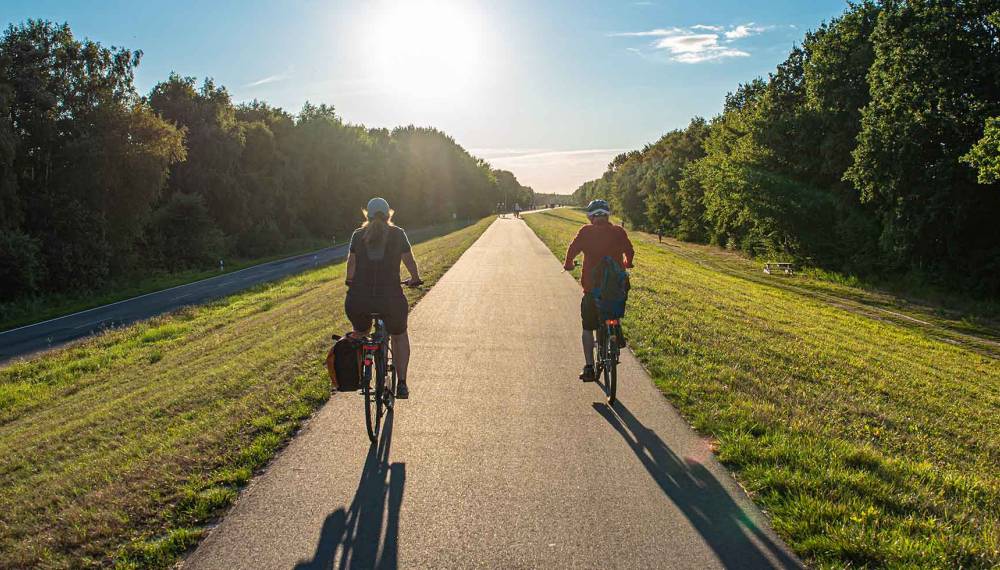 Zwei Fahrradfahrer fahren auf dem Deich von Fischland-Darß-Zingst und genießen die Natur.