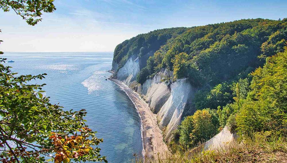 Eindrucksvolle Kreidefelsen mit grünem Wald und Ostseeblick auf Rügen.