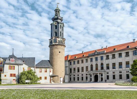 Das Stadtschloss Weimar bei sonnigem Wetter. Kleine Schäfchenwolken am Himmel und blühender Klee auf dem Rasen davor.