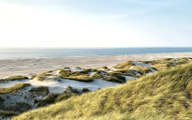 Weite Dünenlandschaft auf Sylt mit Blick auf die Nordsee bei klarem Himmel und sanftem Wellengang.