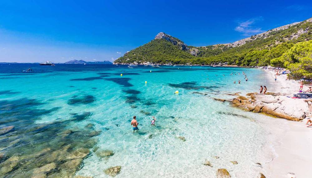 Blick auf den Strand und die Bucht vom Platja de Formentor umgeben von Kieferwäldern.