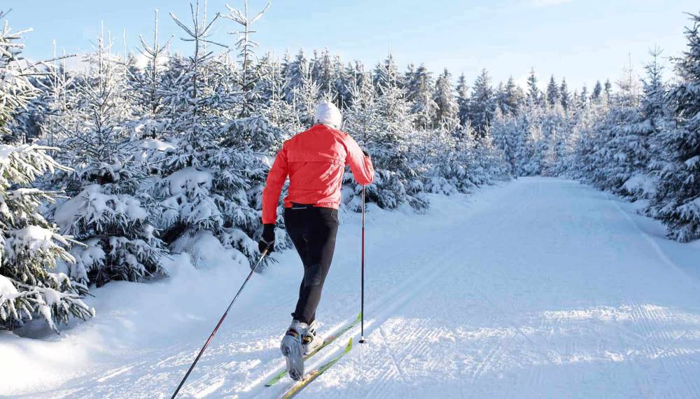 Winterliche Langlaufroute im Thüringer Wald, ein Sportler in roter Jacke genießt die verschneite Natur
