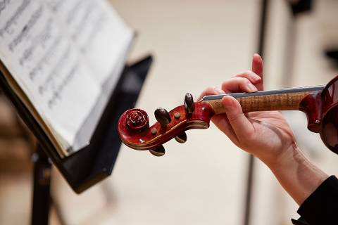 Geiger spielt Violine vor Notenständer bei einem Konzert des Festspielsommers auf Rügen.