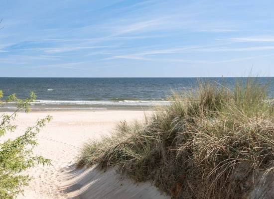Strandaufgang durch Dünen auf Usedom, ruhiges Meer im Hintergrund.