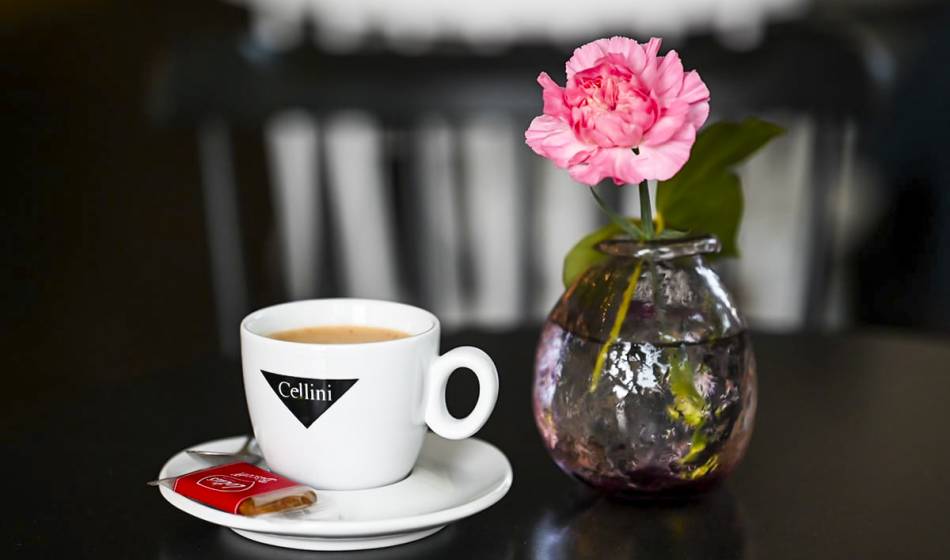 Close-up of a Cellini coffee cup with a biscuit and a pink flower in a glass at the Künstlerquartier Seezeichen.