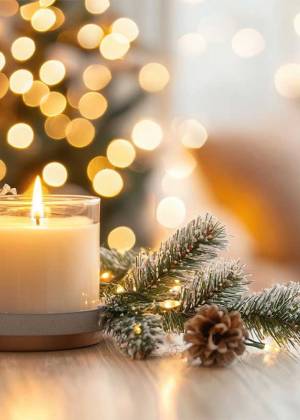 Eine gemütlich beleuchtete Adventsdekoration mit Kerze, Tannenzweigen und goldenen Akzenten perfekt für das Advents-Angebot im Kaiserhof Heringsdorf.