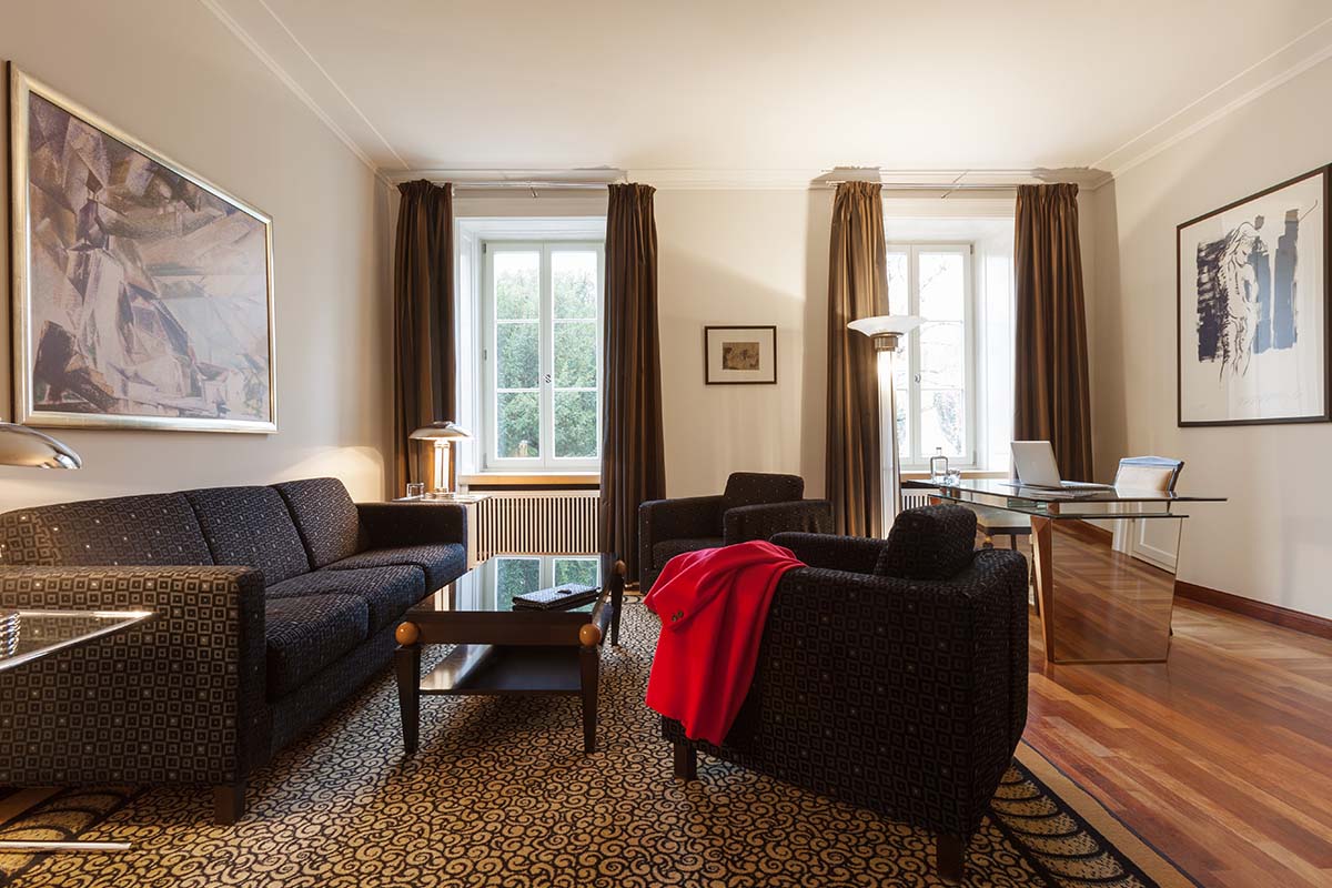 Living area with modern furniture and inviting sofa for relaxing hours in the Thomas Mann Suite at the Hotel Elephant.