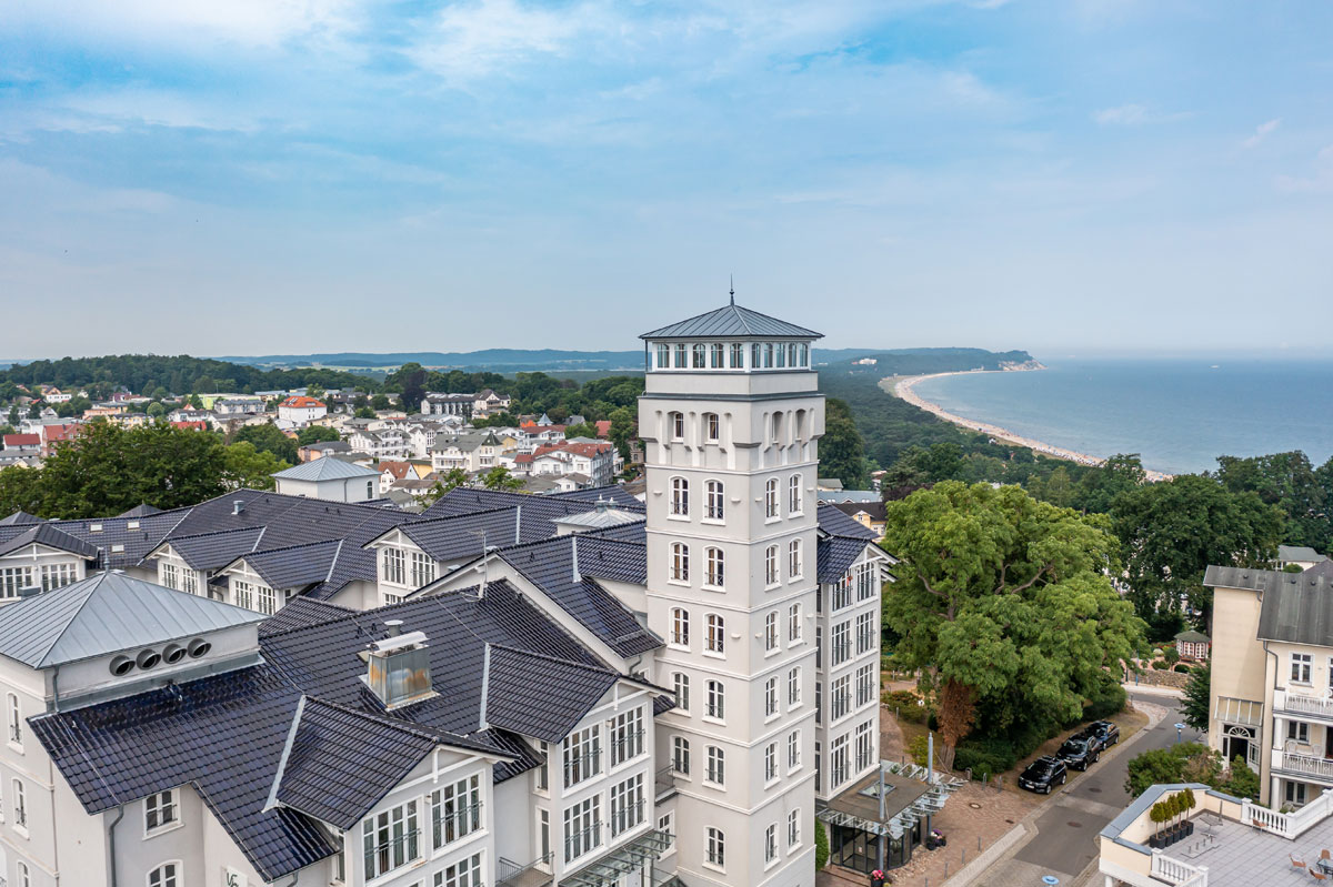 View of the tower of the Vju Hotel Rügen with spectacular views over the coast, the roofs of the Baltic Sea resort and the Baltic Sea.
