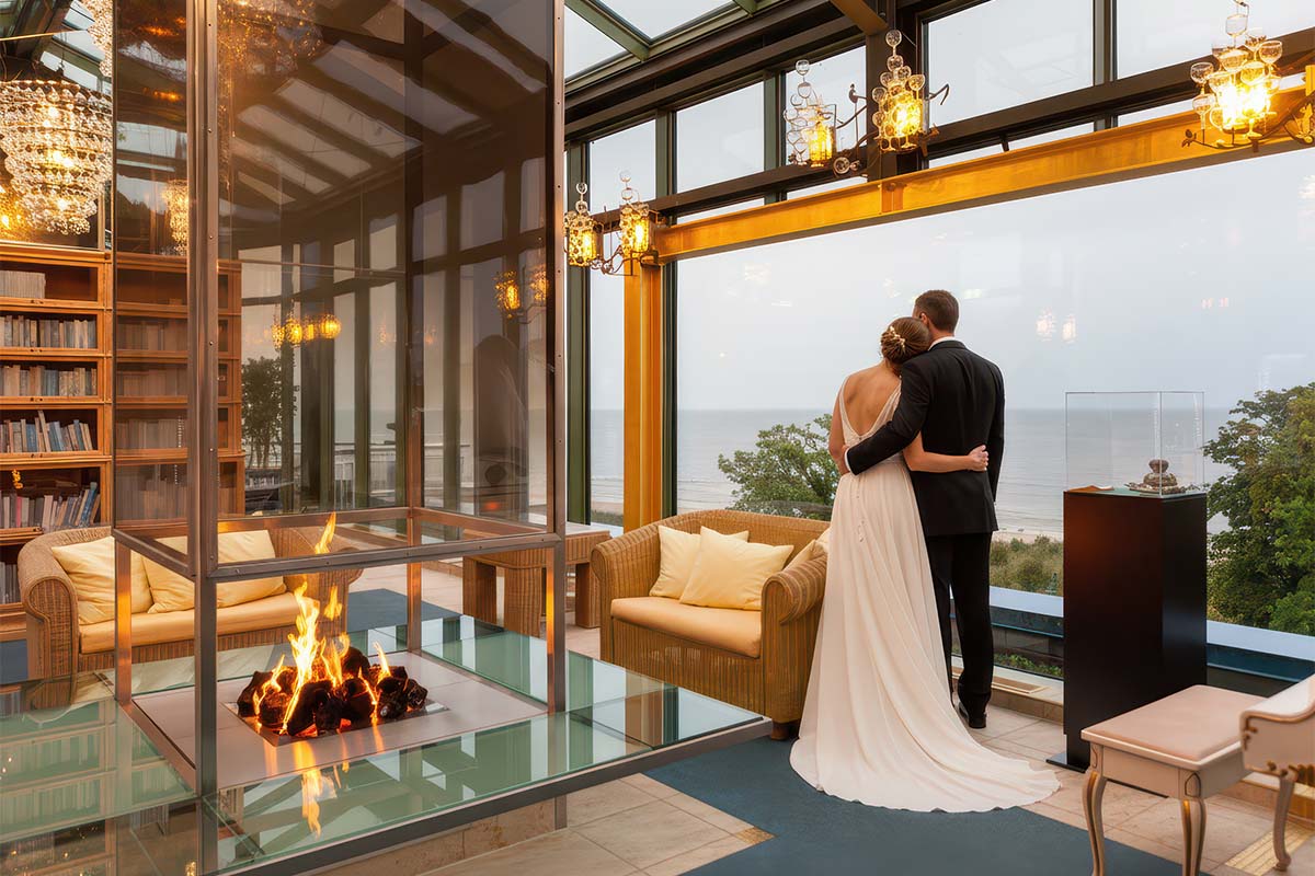 Wedding couple in the Kaiserhof Heringsdorf conservatory overlooking the Baltic Sea.