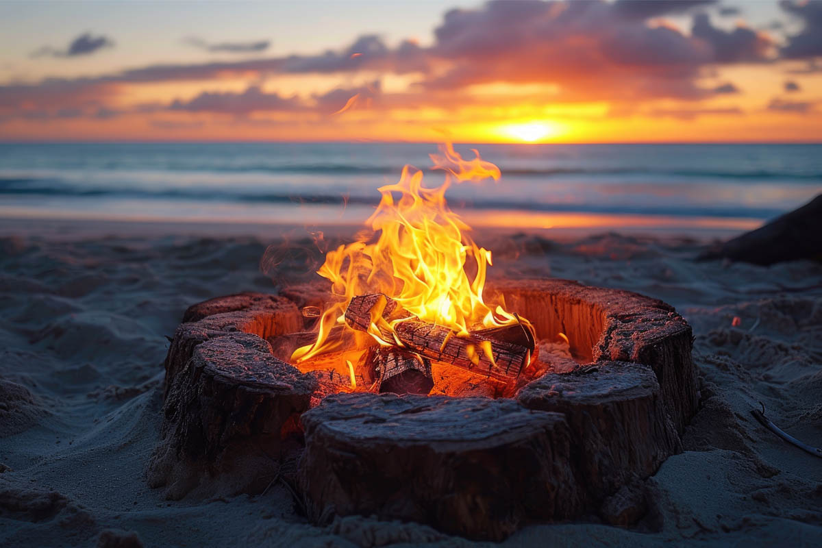 Campfire on the Baltic Sea beach at sunset, flames in front of the calm sea and a colorful sky as incentives.